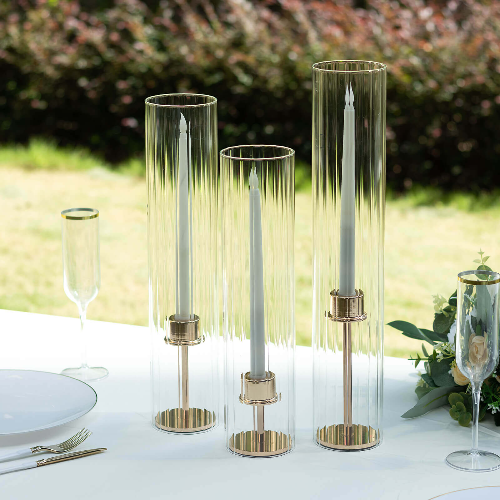Set of 3 Ribbed Glass Candelabra Shades Hurricane Design 15", 17", 19" Clear - Chic Open End Pillar Candle Holder Table Centerpiece